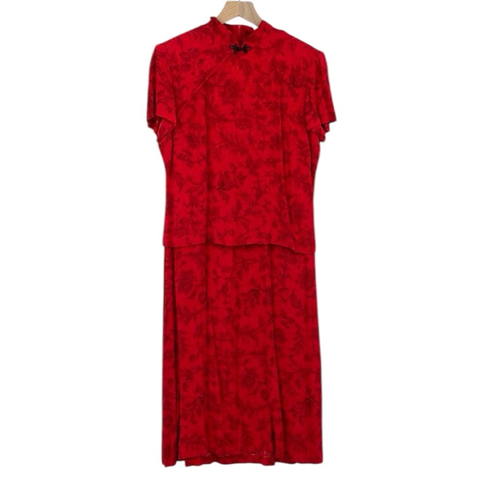 Vintage 90s Dress Women’s 10 Red Midi Qipao Cheongsam Asian‎ Dress Barn Asian